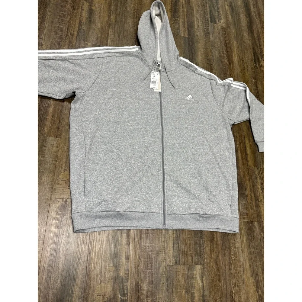 Adidas Mens Essentials 3-Stripes Full Zip Hoodie Grey IJ6479 4XLT Big and Tall